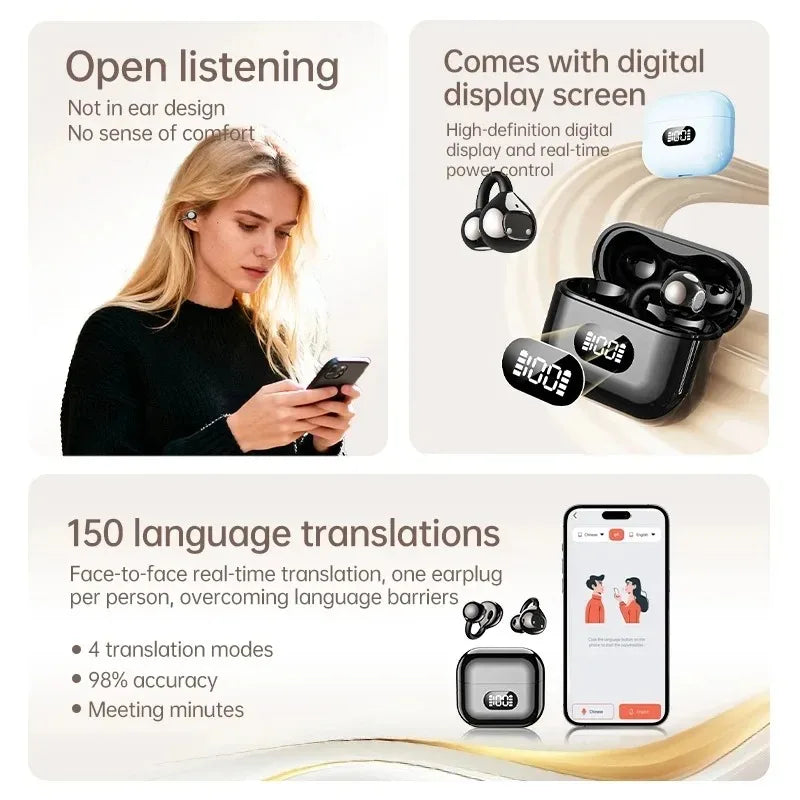OWS Ear Clip Headphones Bluetooth 5.3 Wireless Earbuds Stereo Sound With Clear Calls Touch Control Display for Music Player