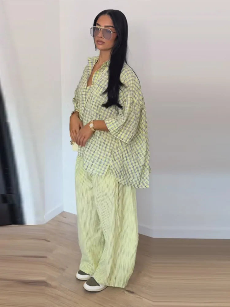 Fashion Women's Plaid Top Pants Sets Loose Lapel Single Breasted Short Sleeve Shirts Wide Leg Pant 2026 Summer Lady Holiday Suit