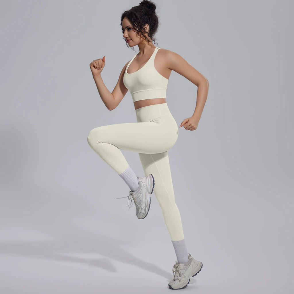 New Yoga Set for Woman Summer Gym Sports Running Bra Top Breathable Peach Buttocks Women Leggings Solid Color Yoga Set
