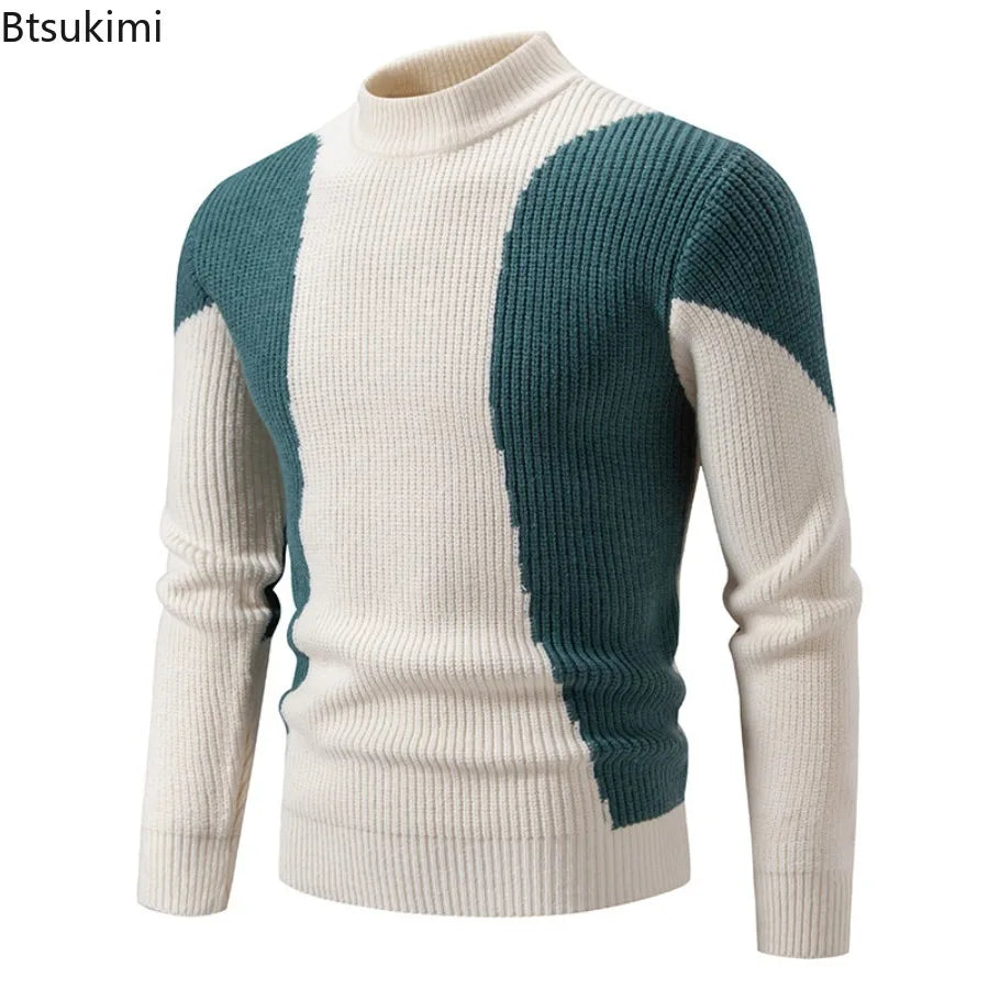 High Quality Men's New Autumn Winter Sweaters Casual Warm Mock Neck Pullovers Trend Color Blocking Design Men Sweaters Knit Tops