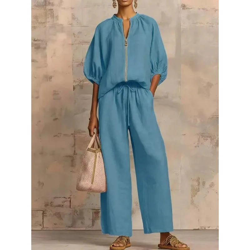 Summer Casual Women Two Piece Set Zipper Half Sleeve High Waist Round Neck Drawstring Pants Suit Women Loose Long Pants Suit