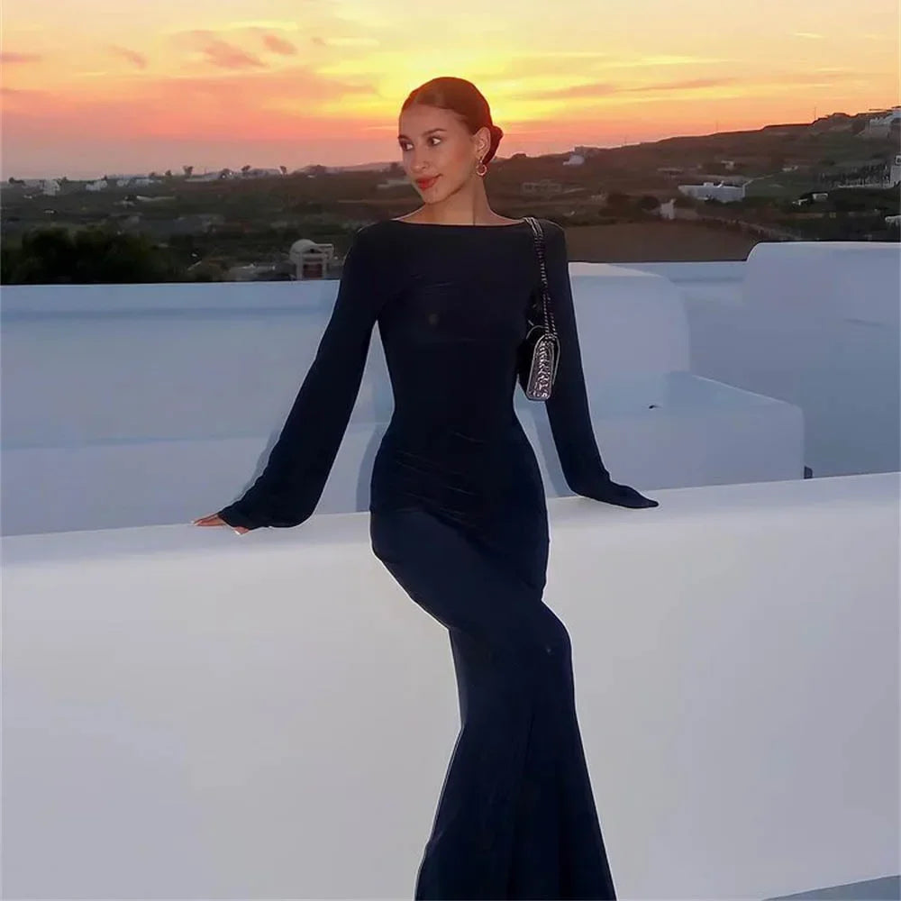 Women Summer Mesh Wrapped Dress Long Sleeve Round Neck See Through Sunscreen Solid Color Backless Beach Long Dress