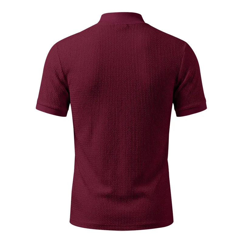 Men Summer Solid Jacquard Textured Mock Neck Short Sleeve T Shirt Slim Fit Simple Versatile Casual Daily Male Basic Tees