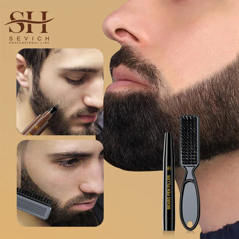 Beard Filling Pen Kit Four Prong Beard Filler Pencil With Beard Brush Waterproof Male Moustache Repair Shaping Coloring Pen