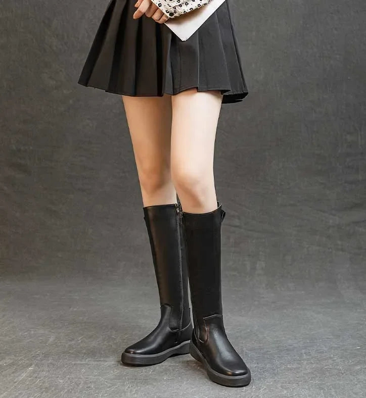 Koznoy 4cm Cow Genuine Leather Microfiber High Top Rubber Knee High Booties Women Chimney Autumn Boots Spring Fashion Shoes