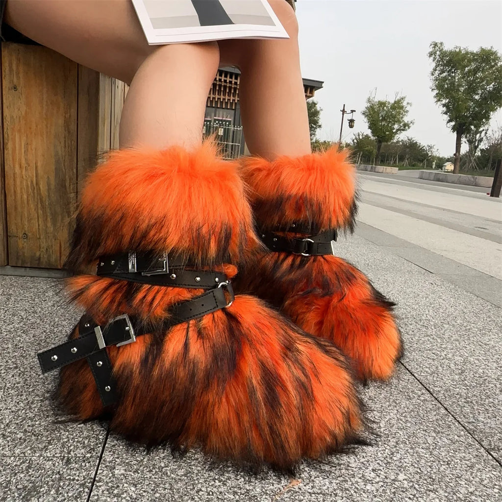 Winter Fur New Design Onepiece Raccoon FurFemale Snow Boots Fur shoes OutdoorMid Leg Boots y2k Cool Pink Girl