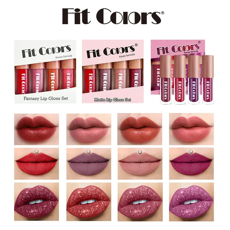 Fit Colors 4-Piece Velvet Lip Gloss Set - Non-Transfer Matte Diamond Finish Long-Lasting Waterproof Lip Gloss Collection