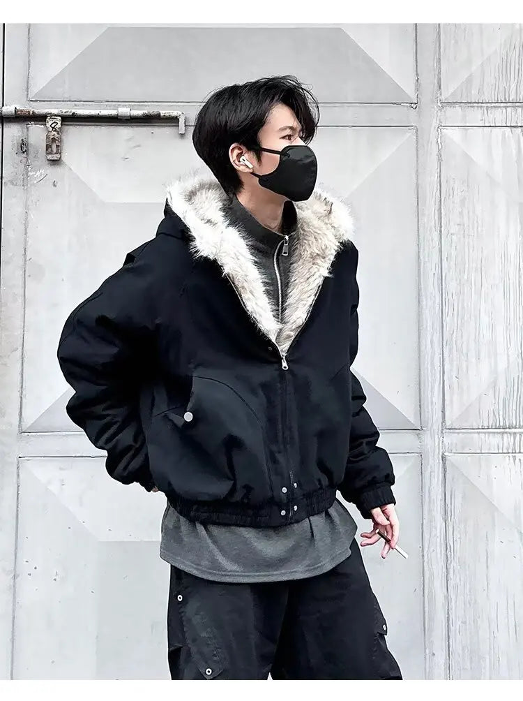 American Retro Lamb Fleece Cotton Jacket Winter Thickened Keep Warm Fur Collar Jacket Zipper Hoodie Loose Coat men clothing