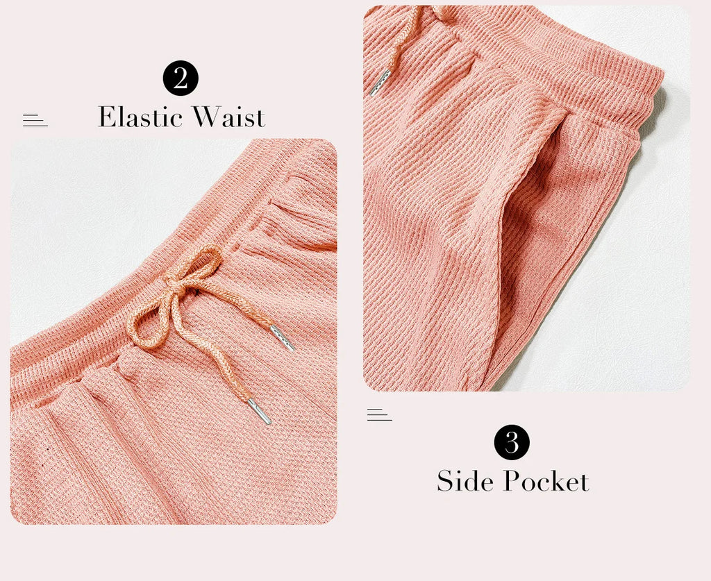 Women's Solid Waffle Textured Shorts Set, Co Ords for Women, Breathable O-Neck Crop Tank Top & Drawstring Shorts Two-piece Set