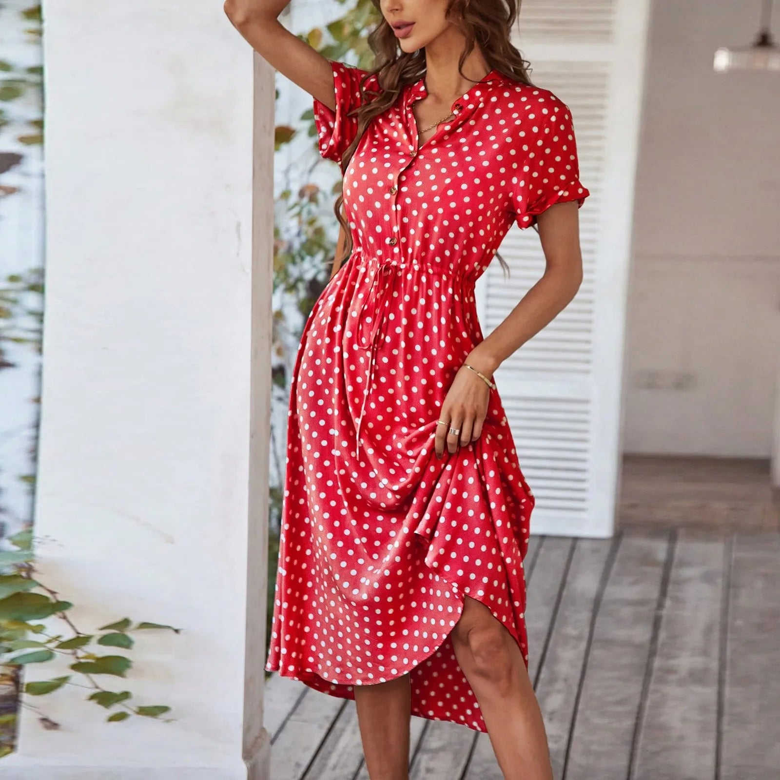 Elegant retro polka dot dress Women's Summer Midi Dress V Neck Single Breasted Short Sleeve Dresses Fashion Print Dress