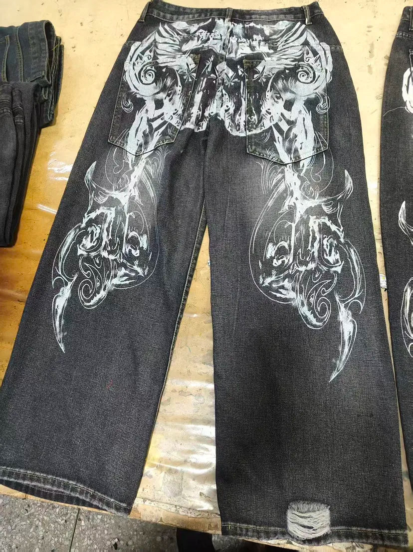 Y2K American New Pattern Embroidery Baggy Jeans Couple Pants mid Waist Straight Leg Loose Fit Teenager Jeans Casual Trousers
