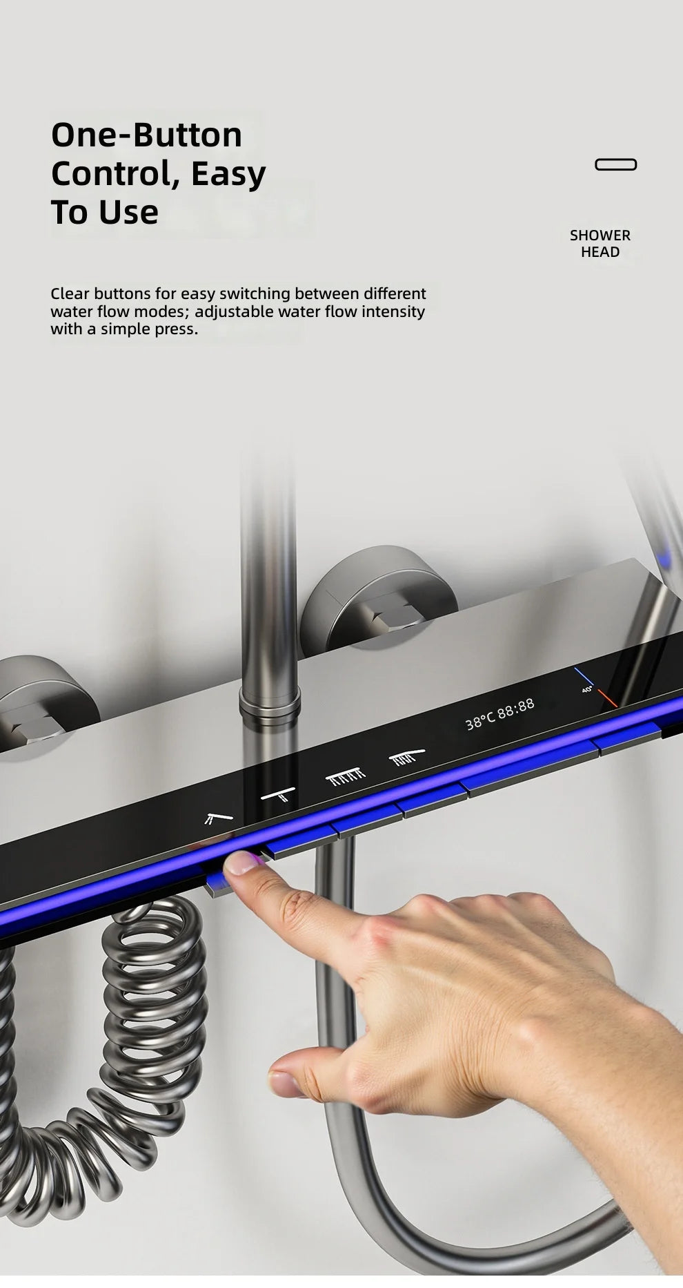 Shower Set, Thermostatic LED Display, Piano Key Pressurized Nozzle, Bathroom Home Decor, Water Saving Faucet System