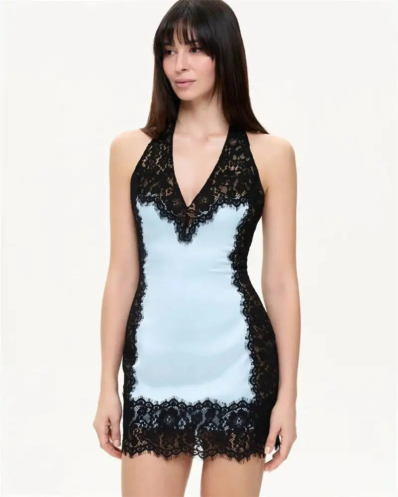 Blifanbo Sexy Lace Patchwork Halter Neck Mini Dress Women Elegant Deep V Neck Bodycon Backless Sleeveless Slim Club Party Dress