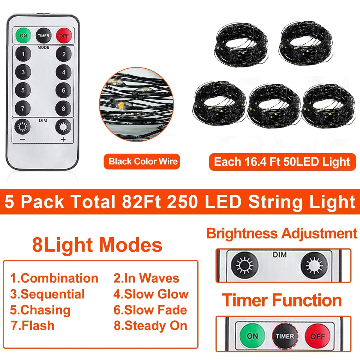 Halloween Fairy Lights USB 20M 200LED Auto Timer 8 Modes Waterproof  for Outdoor Garden, Yard, Fence Decor (Purple & Orange)