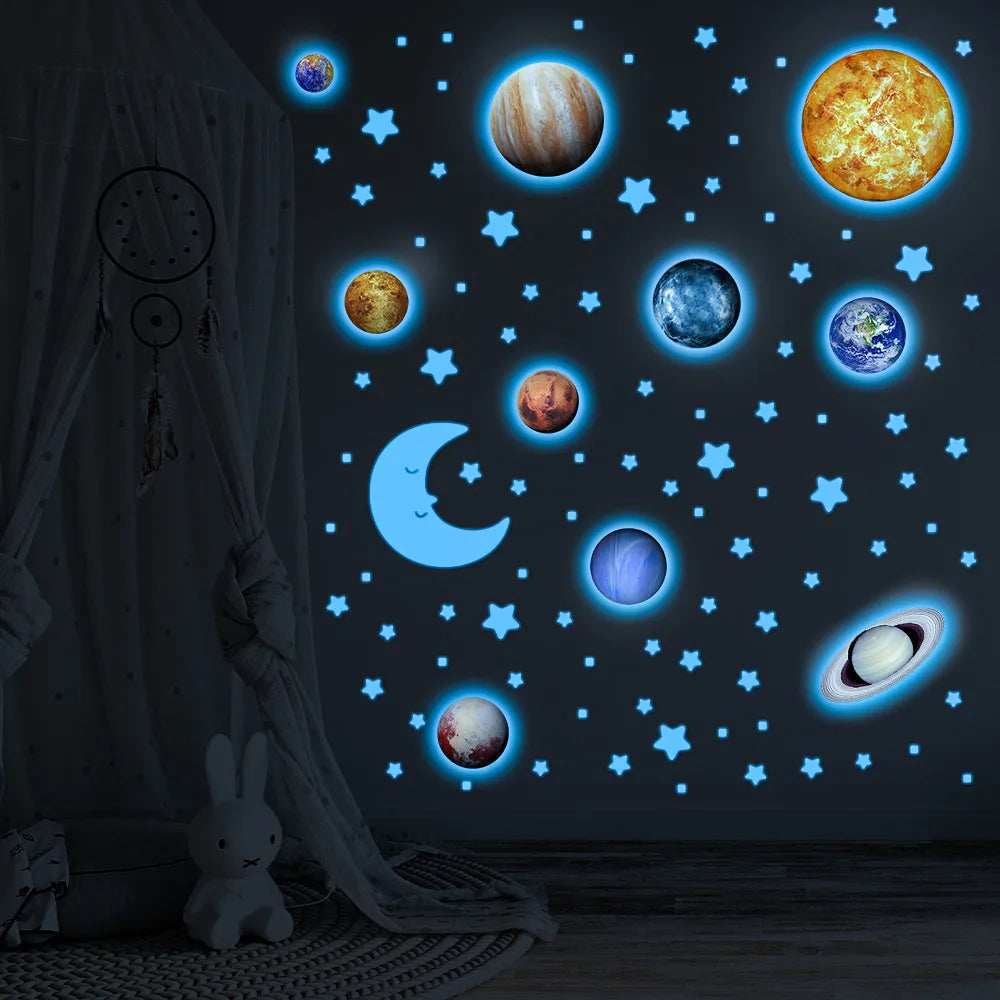 Glow in The Dark Planets Wall Stickers Kids Bedroom DIY Luminous Stars Decals Mural Self-adhesive Room Ceiling Aesthetic Decor