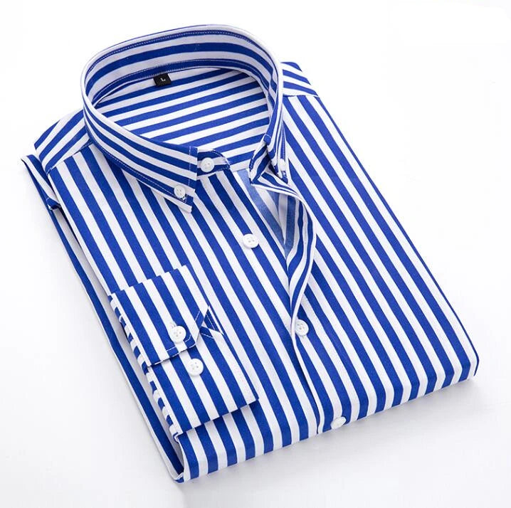 2026 Men's Classic Striped Shirt, Single-breasted Long-sleeved Shirts Autumn New Top Red Blue Black Slim Version Male Chemise