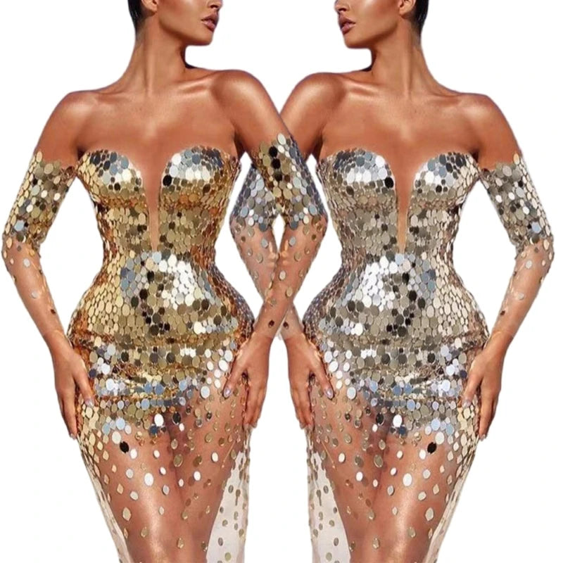 Long Sleeve Bare Shoulder Glitter Sequined Dress See Through Mesh Spliced Bodycon Party Cocktail Evening Dress for Women