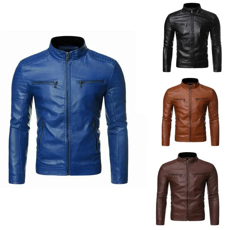 Winter Stand Collar Zip-Up Pocket PU Leather Jacket Men's Slim Business Casual