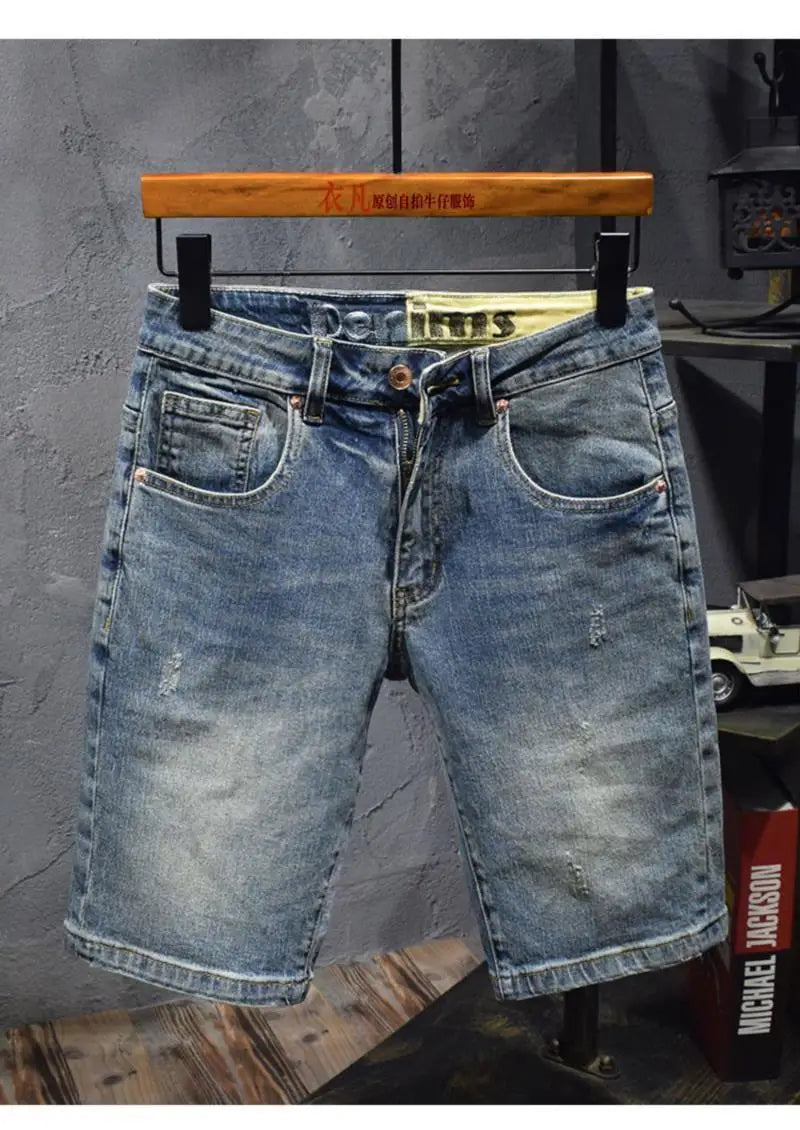 Blue Old Retro Summer Men's Denim Medium Pants Embroidered Scratches Washed Versatile Elastic Shorts Cargo Half Pants Jeans