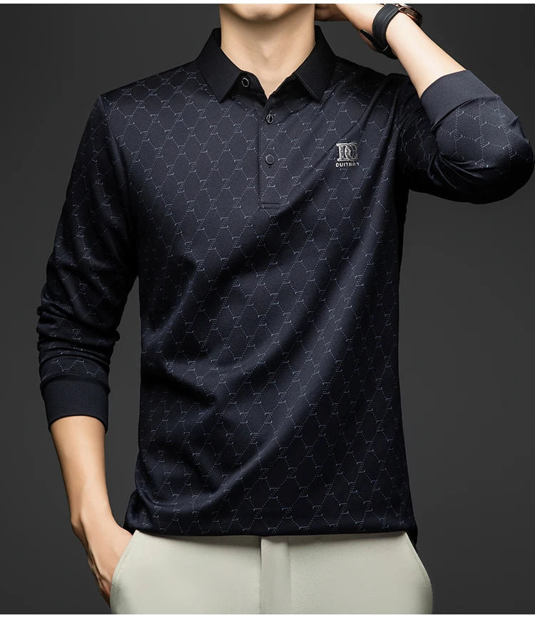 BROWON 2026 Spring Autumn Elegant Polo Shirts for Men Long Sleeve Lapel Color Printed Soft Comfortable Males Tops and Tees