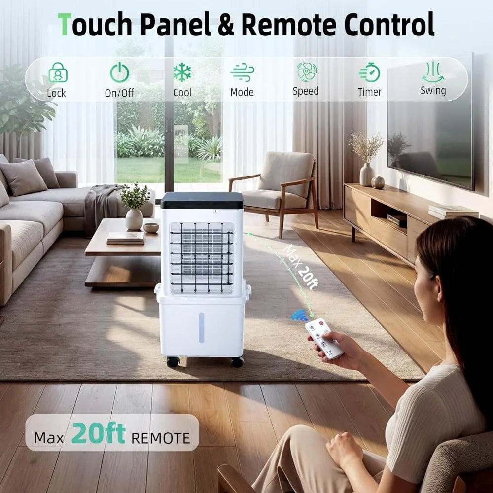 Portable Air Conditioner with Wheels 3 Wind Modes 3.5-Gallon Water Tank for Evaporative Air Cooler Long Cooling 120° Oscillation