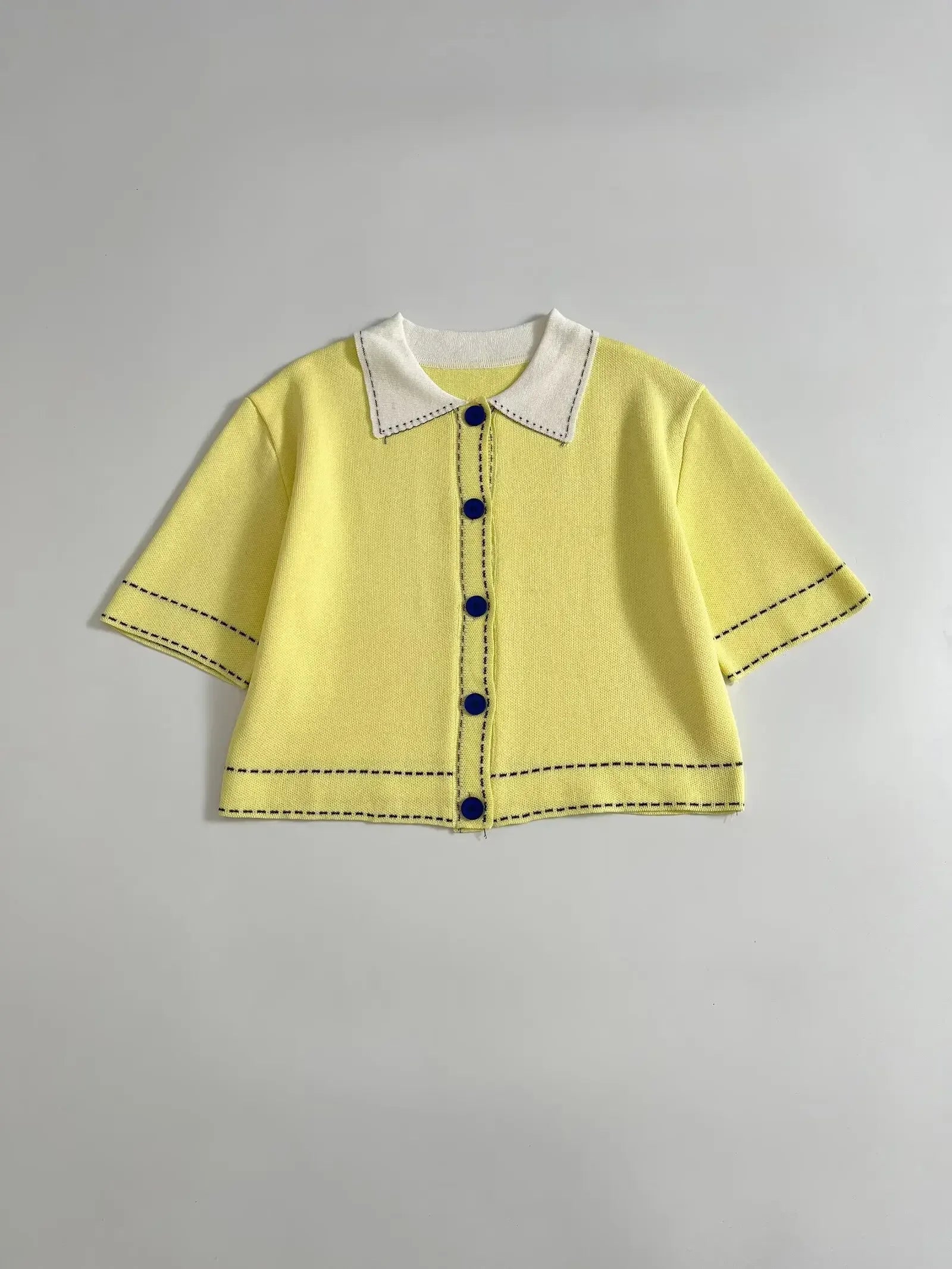 Casual Yellow Lapel Knitted Sweater Women Chic Short Sleeve Single Breasted Warm Pullover Lady Autumn Commute Street Outwear New