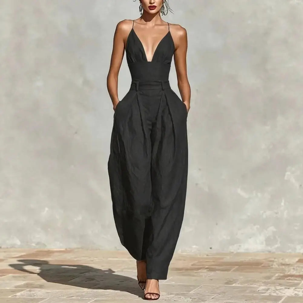 Elegant Sexy V-Neck Spaghetti Strap Jumpsuit Women High Waist Wide Leg Casual Romper Spring Boho Solid Backless Pockets Overalls