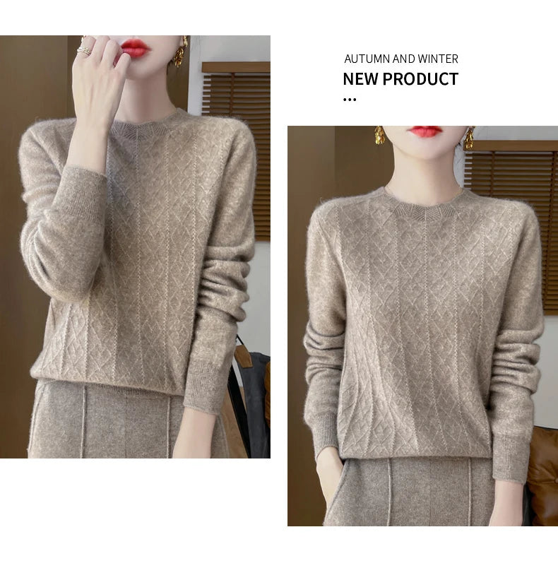 Fall/Winter 2024 New Women's Sweater 100% Pure Wool Lotus Collar Solid Color Loose Knitted Cashmere Pullover