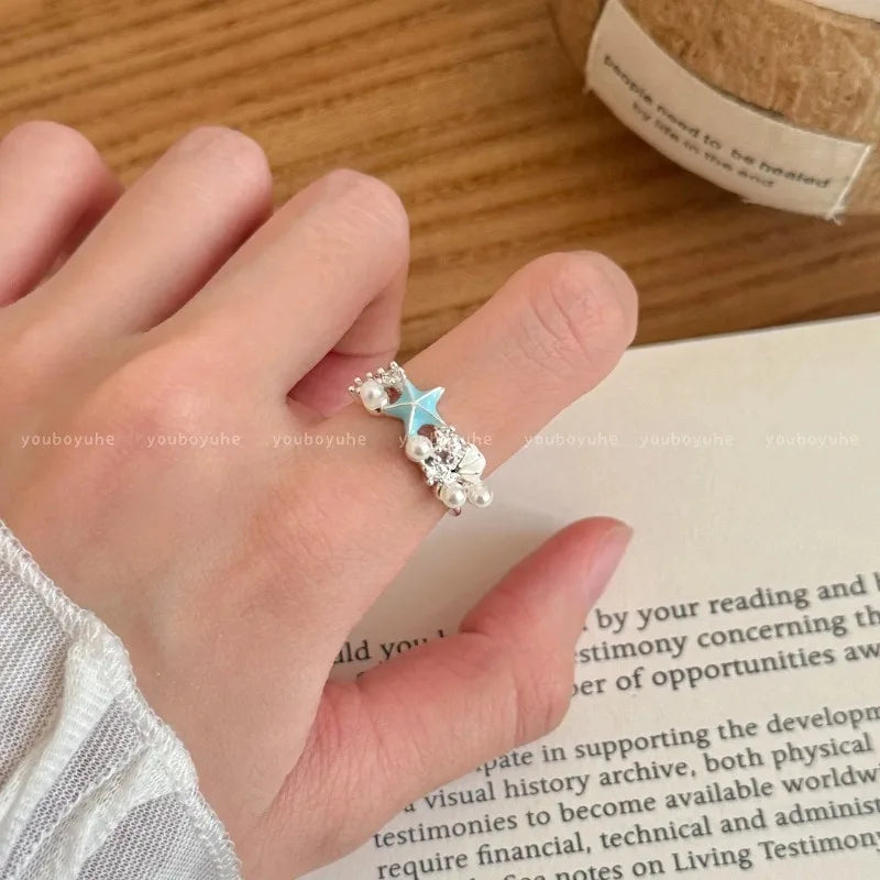 Sweet Blue Starfish Shell Rings for Women Girls Fashion Imitation Pearl Open Rings Summer Ocean Vacation Jewelry Accessories