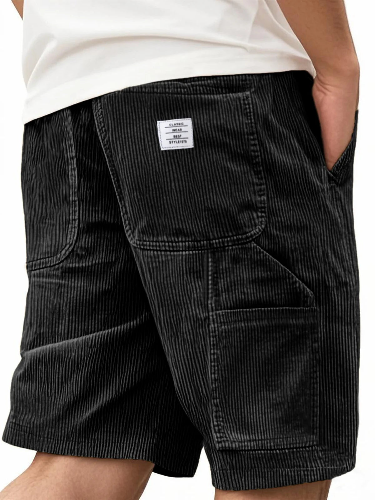Men's Workwear Shorts Summer Casual Corduroy Loose Elastic Waist Multi-Pocket Leisure Pants Embroidery Retro Style Male Trousers