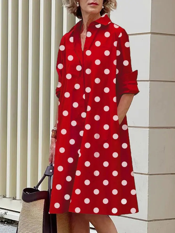 Uoozee Women's Fashion Polka Dot Lapel Shirt Dress 2026 New Spring Long Sleeves Loose Elegant Urban Casual Office Midi Dresses
