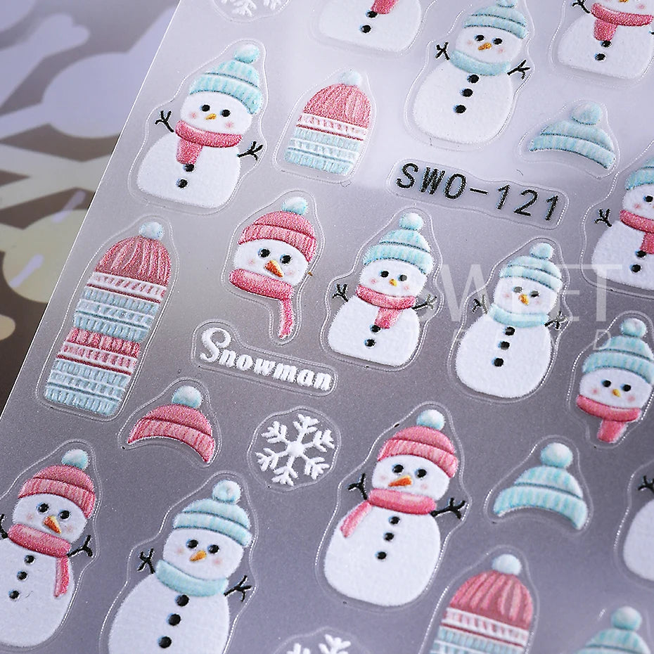3pcs Embossed Christmas Nail Stickers Cute Snowman Santa Claus Penguin Bear Nail Decals Autumn Winter Nail Supplies Decoration