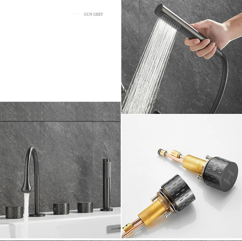 Gray Luxury Brass Deck-Mounted 5-Holes Bathroom Bath Tub Rotating Faucet Mixer Bathtub Basin Water Tap With Spray 3 Handles