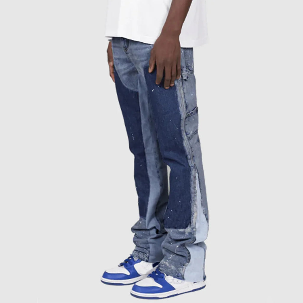Mens Fashion Jeans Work Pants European American Style Workwear Elastic Patchwork Denim Layered Flared Pants S-XXL Streetwear