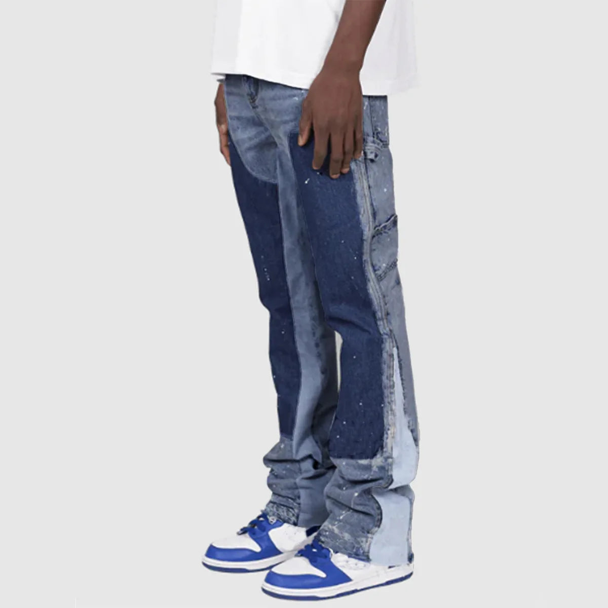 Mens Fashion Jeans Work Pants European American Style Workwear Elastic Patchwork Denim Layered Flared Pants S-XXL Streetwear
