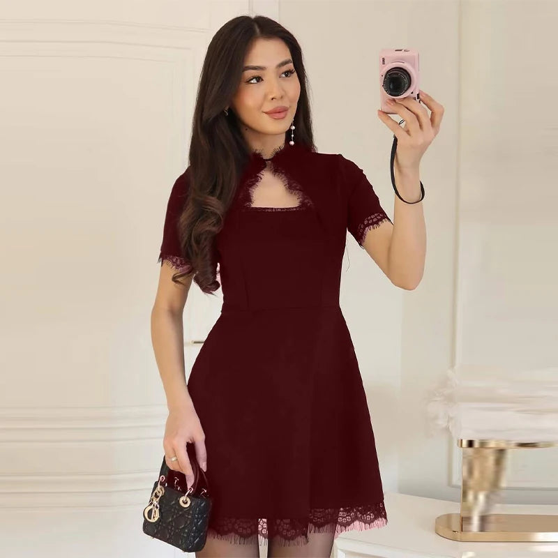 Sexy Lace Patchwork Dress Women Hollow Out O-neck Short Sleeve Black Slim Short Dresses 2026 Spring Summer Party Club Robes Lady