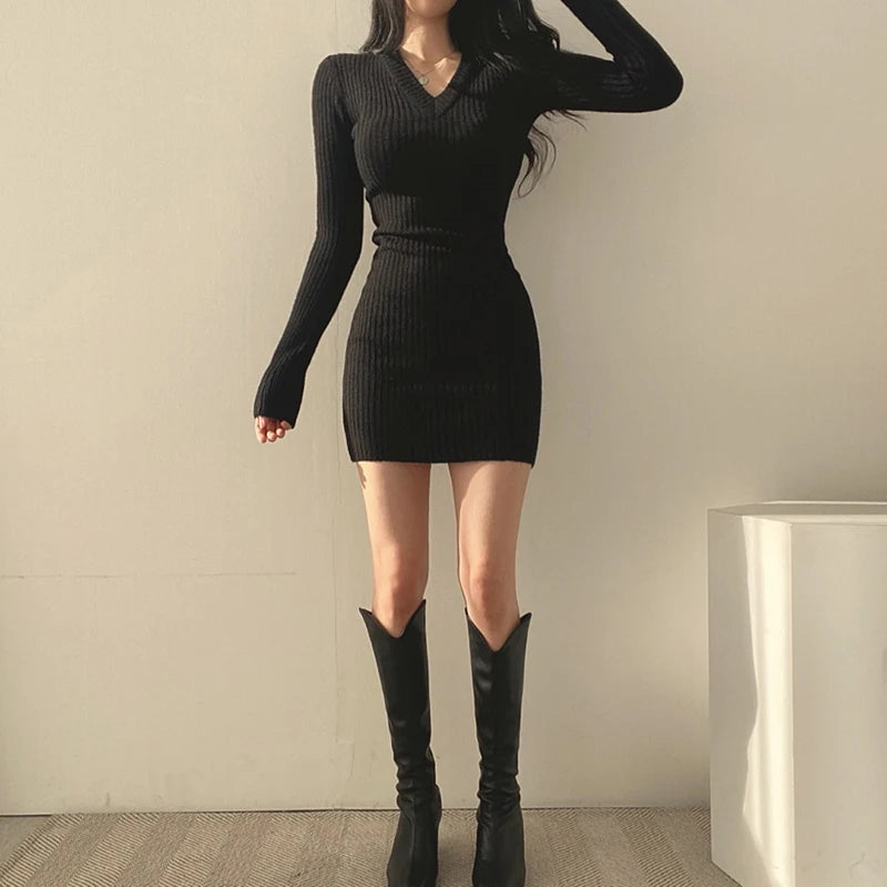 V-neck Knitted Slim Fit Stretchy Basic Long Sleeve Fall Casual Women Mini Dress
