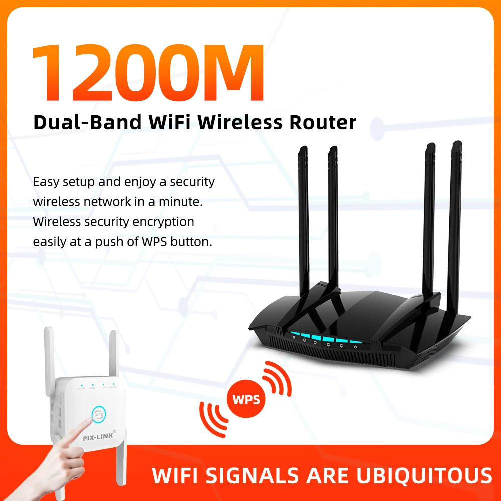 PIXLINK Wireless Router 1200Mbps Dual Band WiFi Repeater Signal Amplifier with 4 Gigabit Ports Smart Tech 5GSIM Penetration AC22
