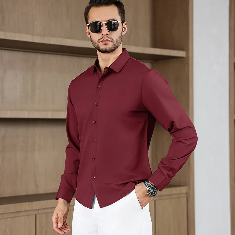 New Men's Business Casual Long Sleeved Solid Color Shirt Wrinkle Resistant Wrinkle Free Comfortable All Season Versatile Top