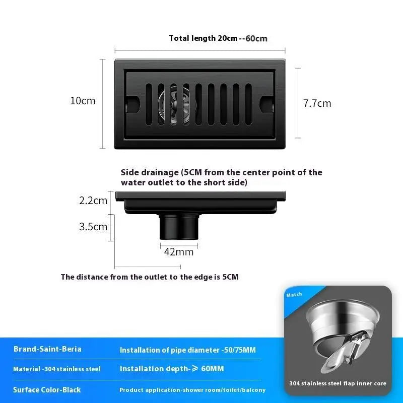 20/30/40/50/60cm Stainless Steel Shower Floor Drain Bathroom Rectangle Linear Floor Drainage Floor Drain with Strainer Covern