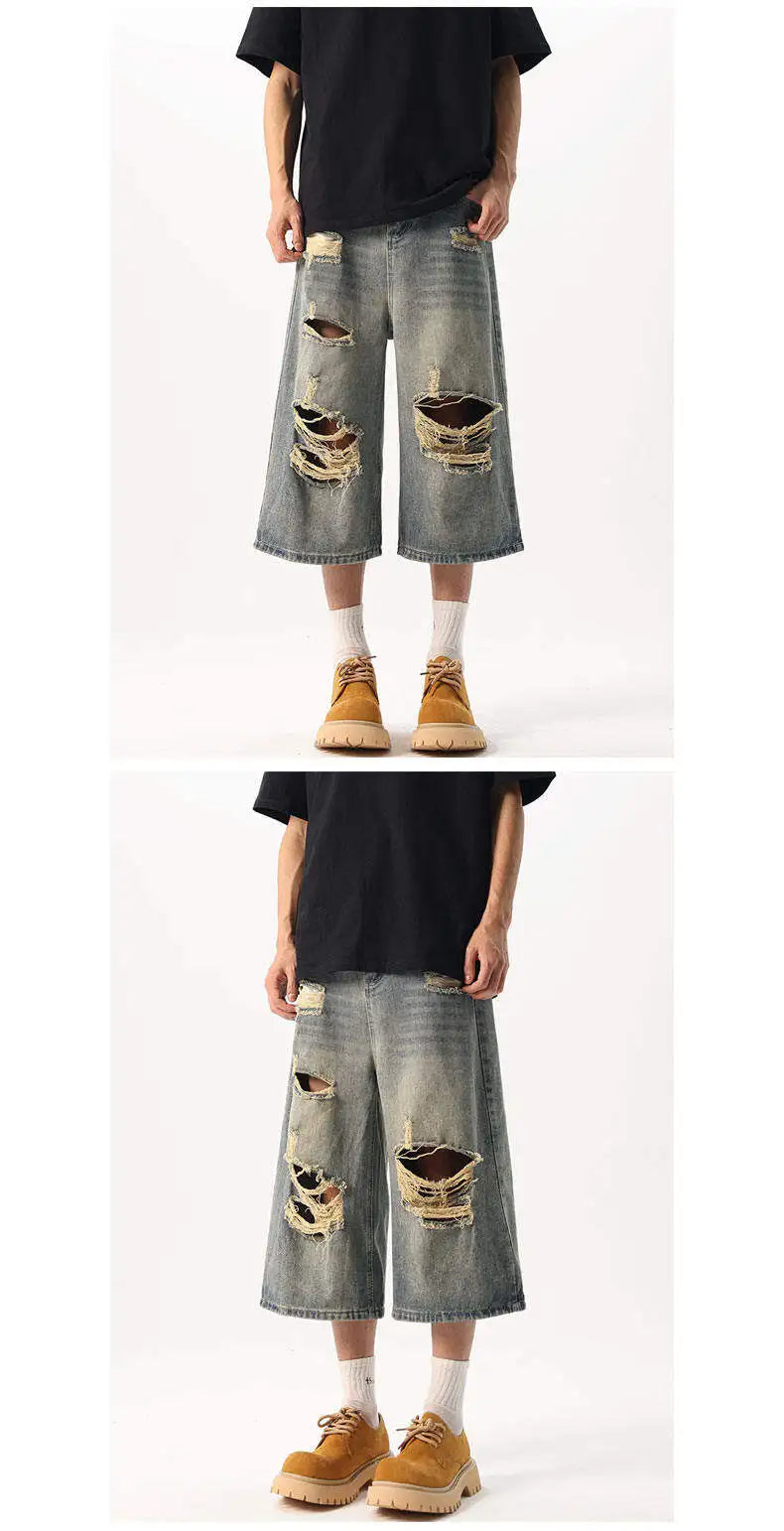 Men's Distressed Loose Fit Straight Leg Denim Capri Pants Casual Summer Jeans Ripped Details Trendy Casual Wear