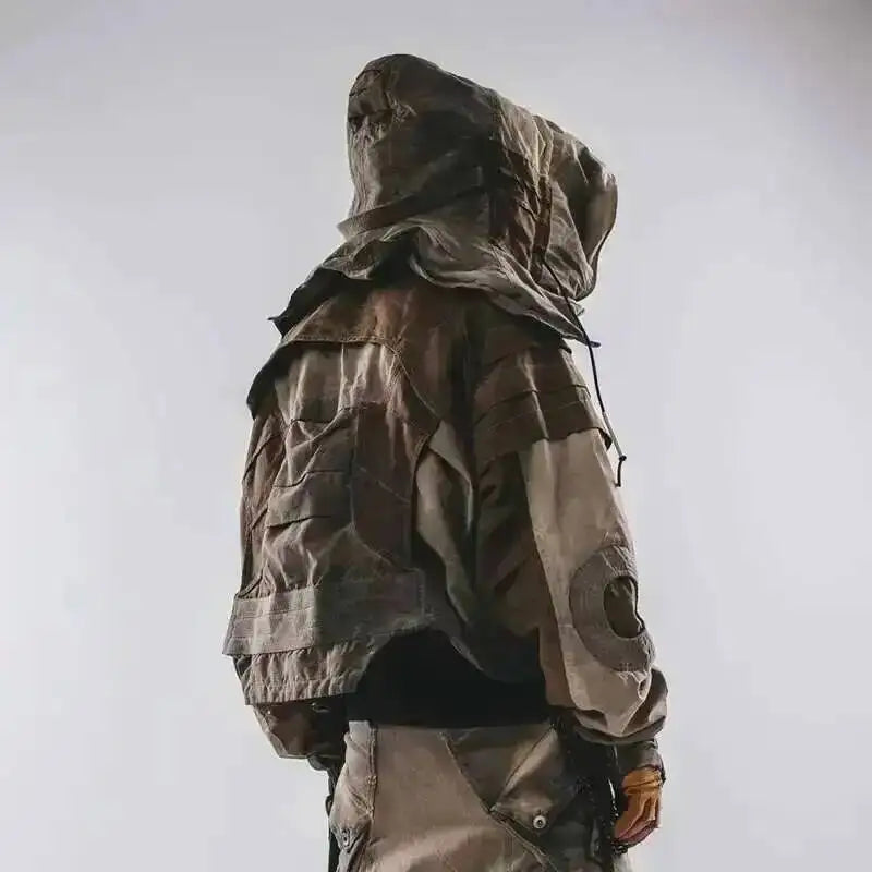 HKSH Autumn New Men's Hooded Distressed Patchwork Folded Waste Land Tactical Punk Techwear Shoulder Batwing Sleeve Jacket HK2392