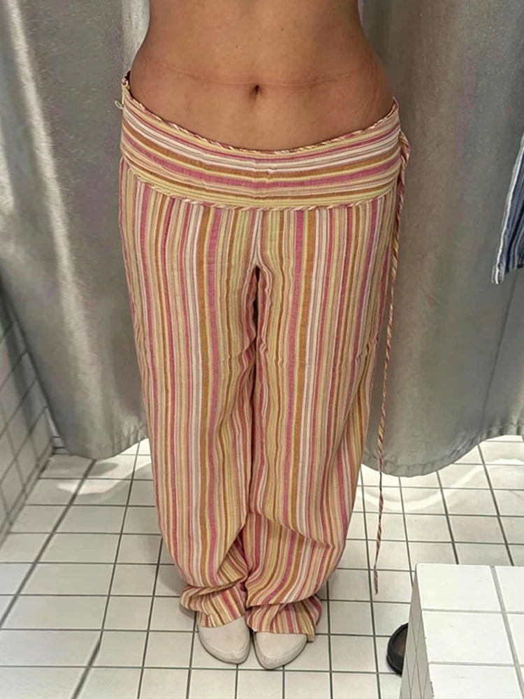 Colorful Striped Wide Leg Trousers Women Bohemian High Waist Multi-color Panelled Slim Straight Pants Fashion Lady Beachwear New