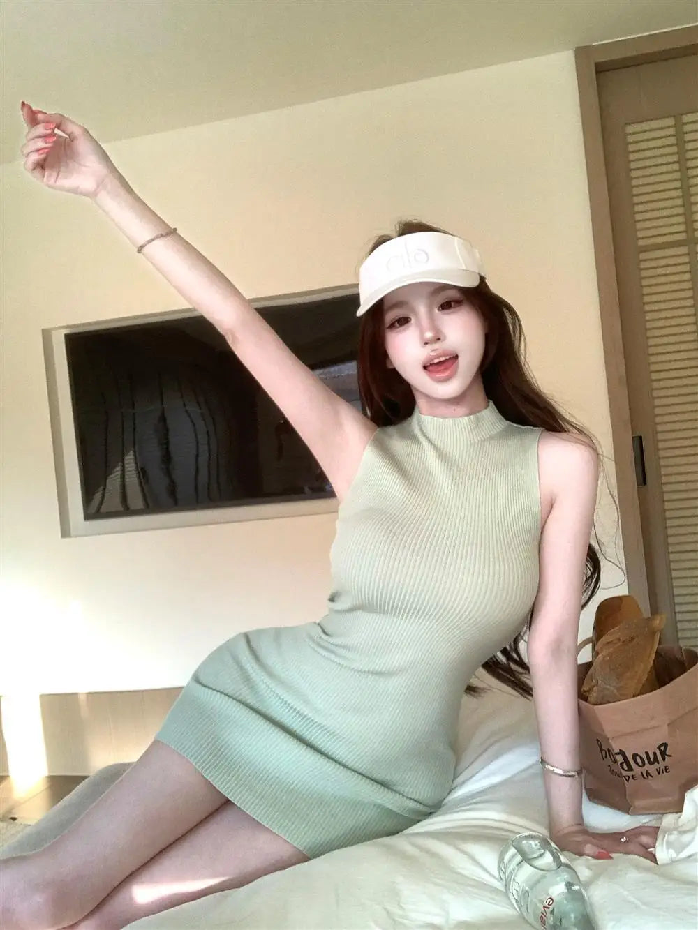 Mint Green Half High Collar Sleeveless Knitted Dress Women's Slim Fit Summer Waist Cinching Short Skirt Trendy Commute Style
