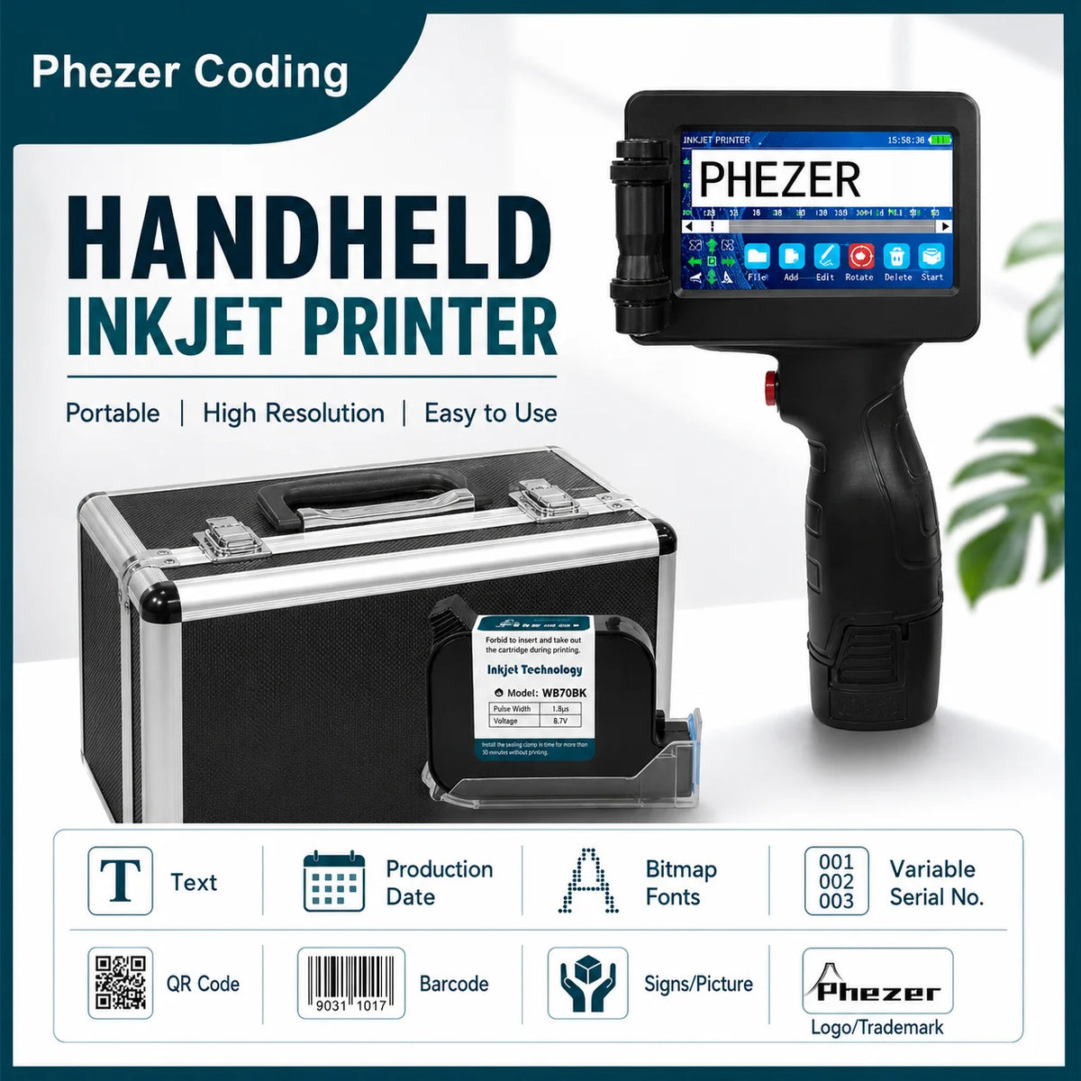 For Hp Phezer P17 2026 Handheld Inkjet Printer with 12.7mm Metal Case Prints QR Code Barcode Batch Date Serial Number Logo