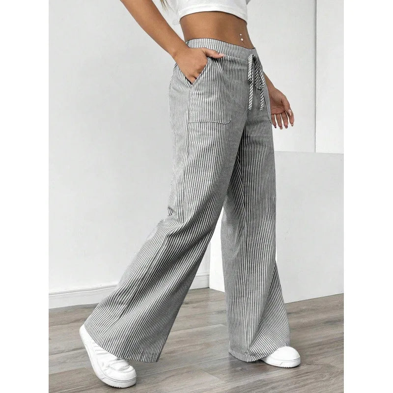 Autumn Women Striped Wide Leg Pants Casual Loose Fit Trousers Streetwear Trendy Fashion Comfortable Elastic Mid Waist Bottoms