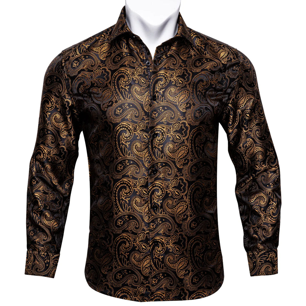 Gold Paisley Bright Shirts Men Autumn Long Sleeve Casual Flower Shirts For Men Designer Fit Dress Shirts BCY-07