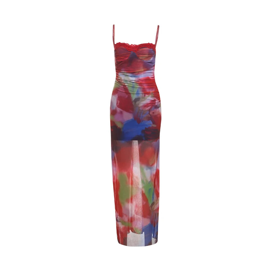 Weird Puss Colorful Print Maxi Dress Patchwork Lace Mesh Low-Neck Sleeveless Backless Summer Trend Vacation Clubwear Vestidos