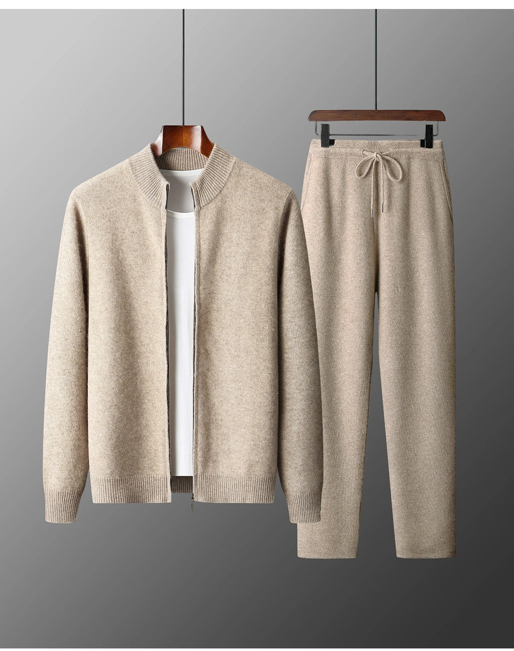 Men's 100% Merino Wool Two-piece Suit Autumn Winter Knitting Zipper Cardigan and Straight-leg Pants Warm Thickened Clothing Sets