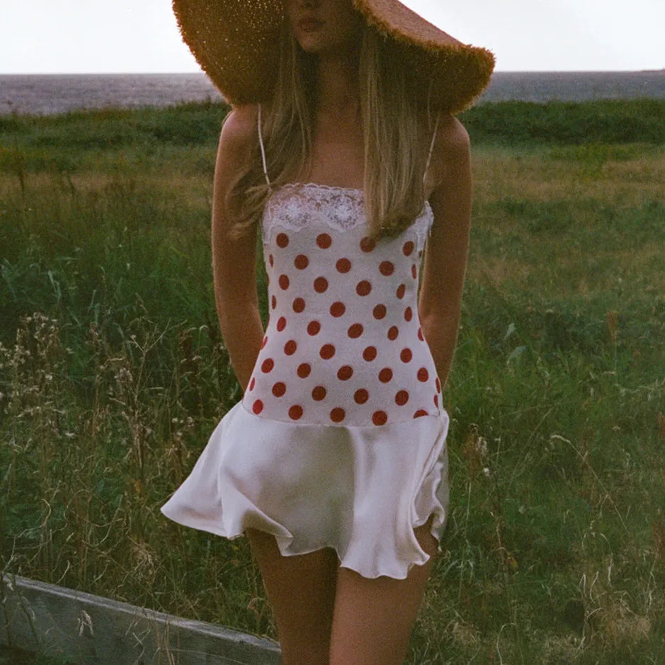Women Y2K Polka Dot Cami Dress Lace Trim Spaghetti Strap Satin Ruffle Hem Bodycon Mini Dress Summer Casual Streetwear